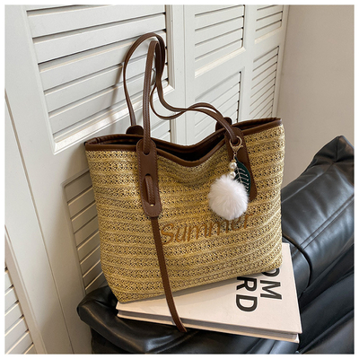 Raffia Crocheted Tote Shopping Bag Handmade Straw Bag Shoulder Beach Woven Handbag Summer Fashion Lady'S Casual Handbags Women'S Straw Shoulder Bags Rattan Woven Top Handle Raffia Crochet Beach