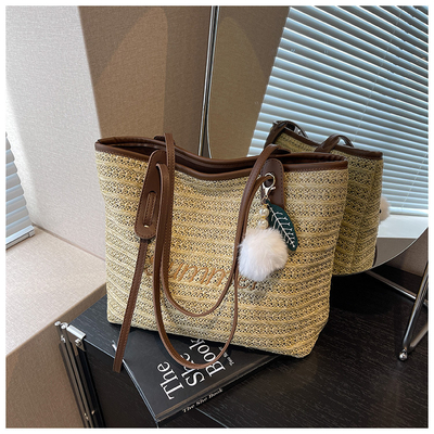 Raffia Crocheted Tote Shopping Bag Handmade Straw Bag Shoulder Beach Woven Handbag Summer Fashion Lady'S Casual Handbags Women'S Straw Shoulder Bags Rattan Woven Top Handle Raffia Crochet Beach
