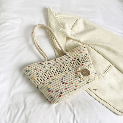 Custom Fashion Ladies Crochet Beach Bag Woman Summer Beach Tote Raffia Straw Bag Handmade Crocheted Rough Raffia Braid Round Straw Raffia Tote Bag With Raffia Straps With Coton Lining Straw Bag