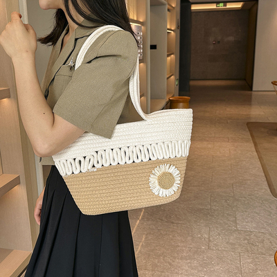Custom Fashion Ladies Crochet Beach Bag Woman Summer Beach Tote Raffia Straw Bag Handmade Crocheted Rough Raffia Braid Round Straw Raffia Tote Bag With Raffia Straps With Coton Lining Straw Bag