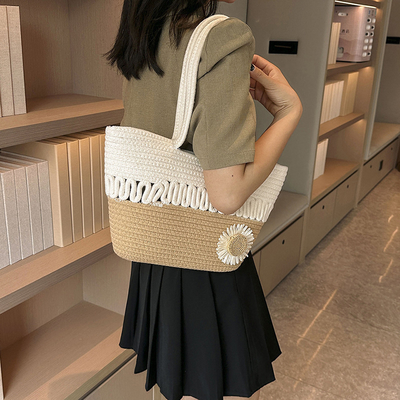 Custom Fashion Ladies Crochet Beach Bag Woman Summer Beach Tote Raffia Straw Bag Handmade Crocheted Rough Raffia Braid Round Straw Raffia Tote Bag With Raffia Straps With Coton Lining Straw Bag
