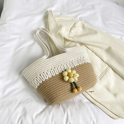 Custom Fashion Ladies Crochet Beach Bag Woman Summer Beach Tote Raffia Straw Bag Handmade Crocheted Rough Raffia Braid Round Straw Raffia Tote Bag With Raffia Straps With Coton Lining Straw Bag