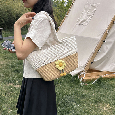 Custom Fashion Ladies Crochet Beach Bag Woman Summer Beach Tote Raffia Straw Bag Handmade Crocheted Rough Raffia Braid Round Straw Raffia Tote Bag With Raffia Straps With Coton Lining Straw Bag