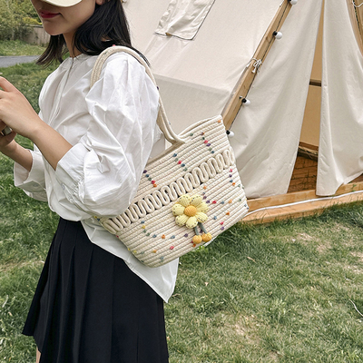 Custom Fashion Ladies Crochet Beach Bag Woman Summer Beach Tote Raffia Straw Bag Handmade Crocheted Rough Raffia Braid Round Straw Raffia Tote Bag With Raffia Straps With Coton Lining Straw Bag
