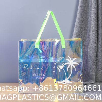 Wholesale Fashion Waterproof Clear Pvc Plastic Iridescent Clear Shoulder Beach Bag Holographic Laser Pvc Tote Shopping Bags