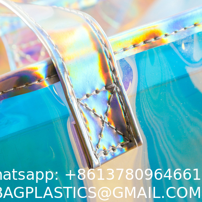 Shiny Plastic Shopping PVC Bag Laser Transparent Holographic Iridescent Womens Beach Fashion Tote Bag With Custom Printed Logo