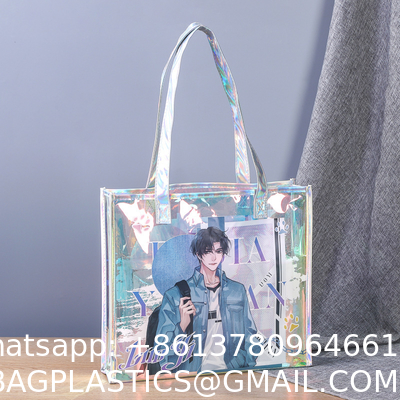 Shiny Plastic Shopping PVC Bag Laser Transparent Holographic Iridescent Womens Beach Fashion Tote Bag With Custom Printed Logo