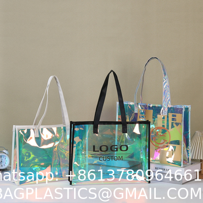 Custom Logo Eco-Friendly Recycle Iridescent Hologram Colorful Pvc Plastic Beach Bag TPU Handle Holographic Tote Shopping Bag