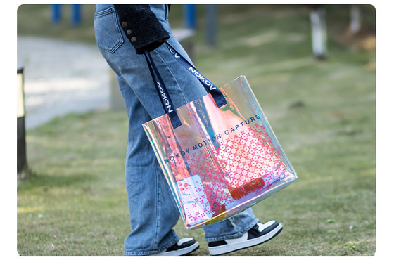 hologram holographic shiny fashion sustainable Waterproof Beach Bags Women Clear Iridescent Tote Bag Cosmetic Pouch For Phone Travel Beach Pool Essentials