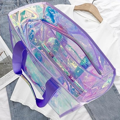 Holographic Iridescent Tote Bag Clear Travel Beach Bag Iridescent Shoulder Bag with Phone Pouch Waterproof Travel Tote for Women Work, Travel, Gym, Beach and Pool