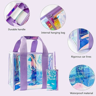 Holographic Iridescent Tote Bag Clear Travel Beach Bag Iridescent Shoulder Bag with Phone Pouch Waterproof Travel Tote for Women Work, Travel, Gym, Beach and Pool
