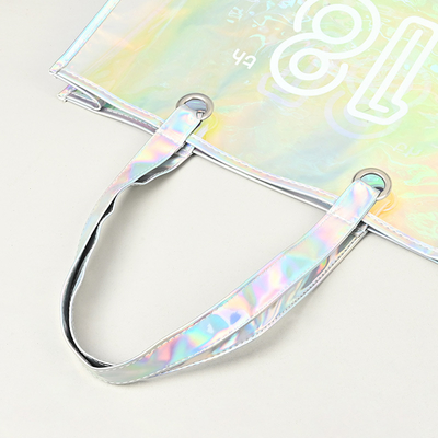 Custom Plastic Tote Bag With Handles Clear Beach Bags Transparent Stadium Bag Holographic Waterproof Versatile Beach Clear Printed Word Tote Bag Work Handbag Shoulder PVC Tote Shopping Bag