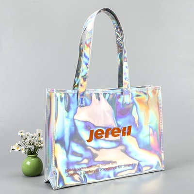 Custom Plastic Tote Bag With Handles Clear Beach Bags Transparent Stadium Bag Holographic Waterproof Versatile Beach Clear Printed Word Tote Bag Work Handbag Shoulder PVC Tote Shopping Bag