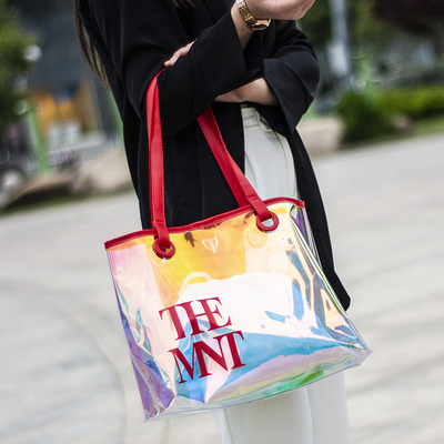 Custom Digital Printing Trendy Transparent PVC Shoulder Handbag Durable Washable Holographic Women'S Tote Shopping Bag