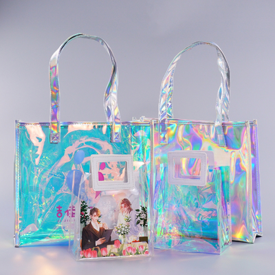 Beach Bag Waterproof Clear Jelly Candy Color Transparent PVC Tote Shopping Bag Custom Logo Pvc Clear Laser Gift Bag For Women Waterproof Transparent Holographic Packaging Summer Beach Pvc Tote