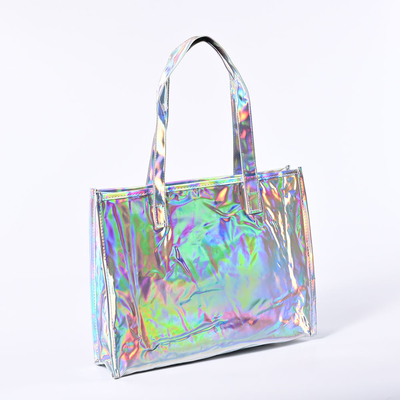 Private Label Professional Large Capacity Quilted Zipper Travel Wholesale Custom Printed LOGO Reusable Fashion Shopping Rainbow-Colored Gift Holographic Glossy Layer PVC Tote Bag