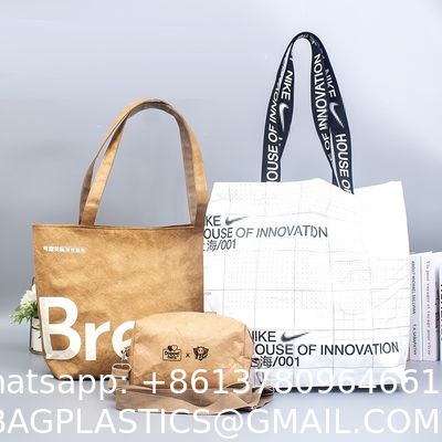 Recycle Untearable Durable Waterproof Eco-Friendly Punched Tote Tyvek Dupont Kraft Paper Shopping Handbag With Polyester Lining
