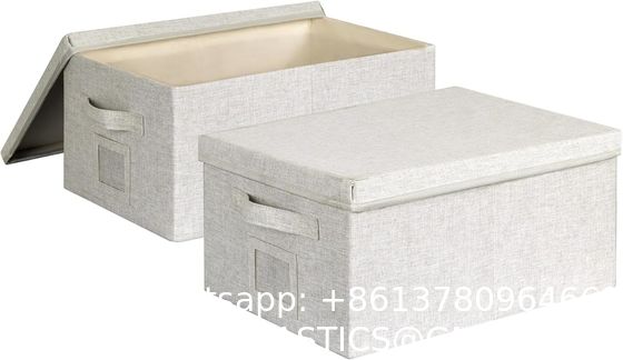 Linen Fabric, Metal Handles Collapsible Stackable Storage Bins With Lids, Packs White Linen Fabric Closet Boxes With Lids, Storage Cube Baskets Container Organizers For Bedroom Office