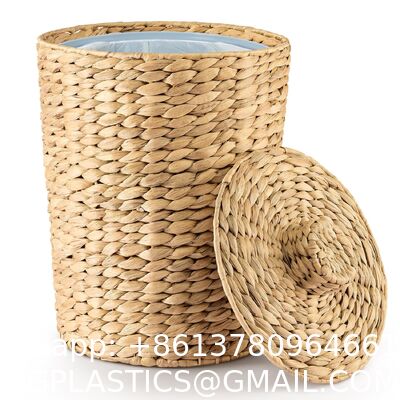 Wicker Waste Basket - Water Hyacinth Bathroom Garbage Can With A Lid - Bathroom Trash Can Boho Style - Wicker Trash Can With Lid For Household, Kitchen - Removable Liner, Iron Frame