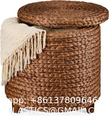 Tall Water Hyacinth Wicker Basket with Handles | Natural, Brown, Natural Bathroom Trash Can Boho Style - Wicker Trash Can With Lid For Household, Kitchen - Removable Liner, Iron Frame