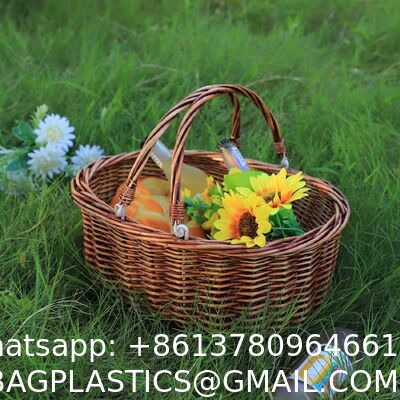 Wicker Picnic Basket With Double Leather Handles, Natural Willow Hamper For Easter Eggs Candy Wine Toy Flower Wedding Gifts