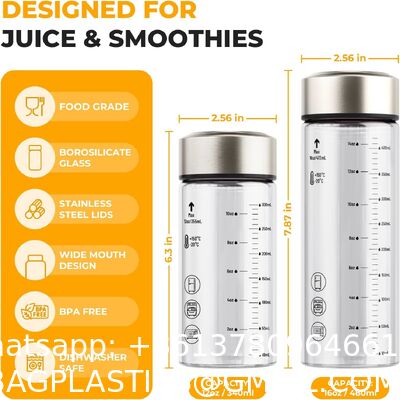 Glass Juice Bottles Pack 16 Oz – Wide Mouth Reusable Bottles With Stainless Steel Lids – Heat-Resistant Borosilicate Glass, BPA Free, Leakproof For Juicing, Smoothies, Milk, Infused Water