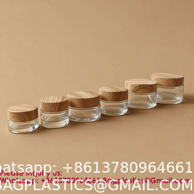 Glass Jars With Lids Clear Small Jars With Plastic Woodgrain Lids, White Labels And Inner Liners Empty Round Cosmetic Containers For Creams Lotions Candle Making (Clear)