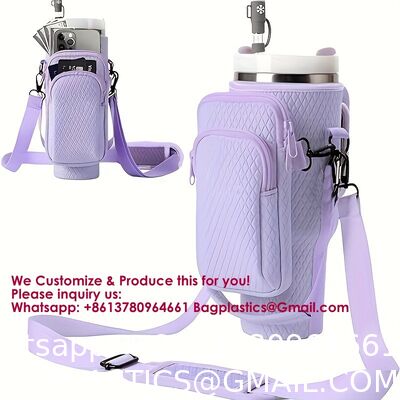 Water Bottle Carrier Bag With Phone Pocket For Stanley 40 & 30 Oz Tumbler With Handle,Pink Insulated Neoprene Cup