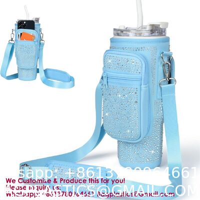 RhineStone Decoration Acessories, Tumbler With Handle,Pink Insulated Neoprene Cup Holder Pouch W/Adjustable Strap For Quencher H2.0 Stanley Cup Accessories