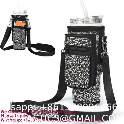 RhineStone Decoration Acessories, Tumbler With Handle,Pink Insulated Neoprene Cup Holder Pouch W/Adjustable Strap For Quencher H2.0 Stanley Cup Accessories