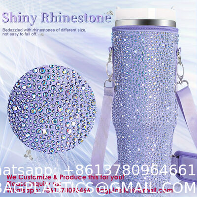 RhineStone Decoration Acessories, Tumbler With Handle,Pink Insulated Neoprene Cup Holder Pouch W/Adjustable Strap For Quencher H2.0 Stanley Cup Accessories